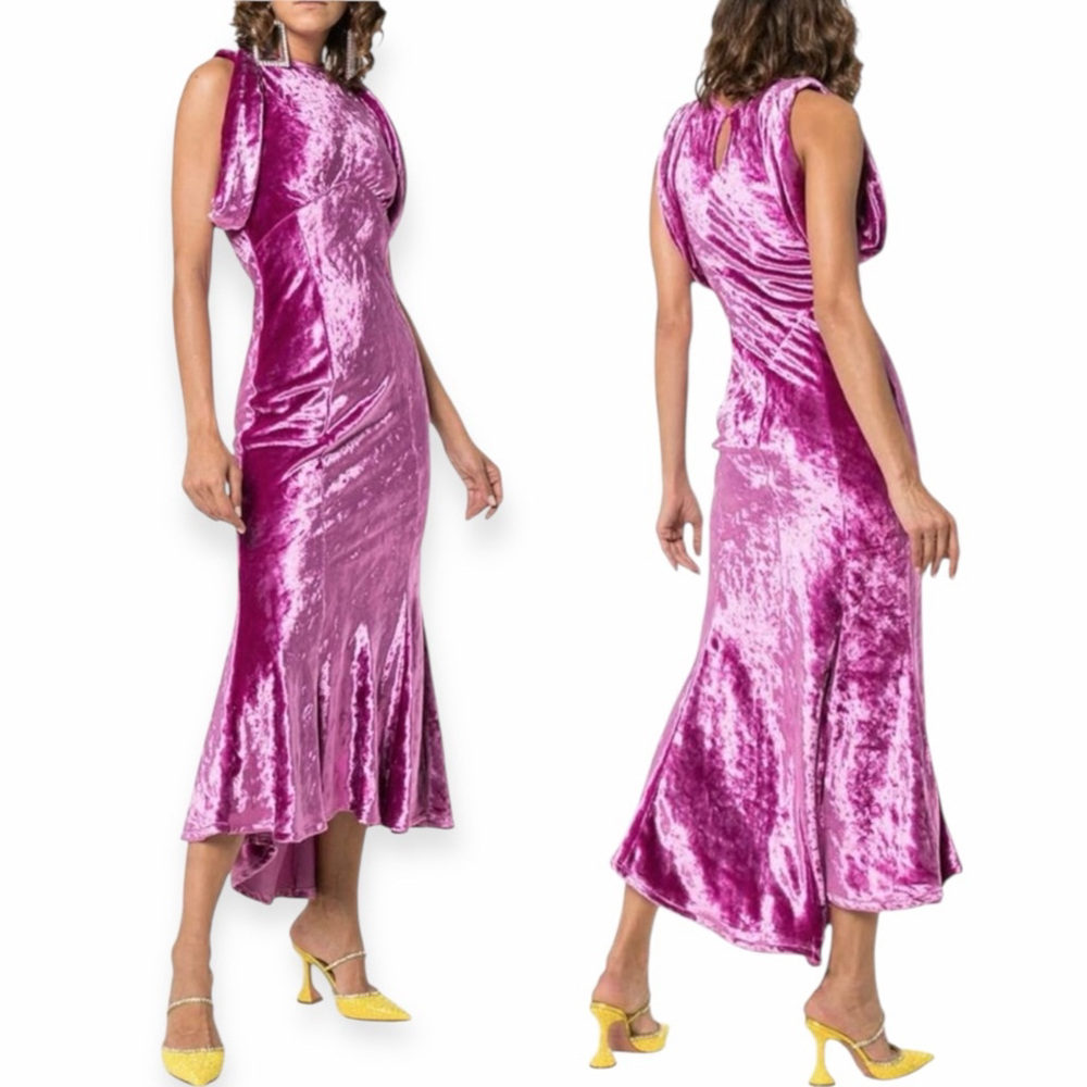 Attico Asymmetric Draped Crushed Velvet Dress Maxi Size 38 US 2 fits 4 Small NWT